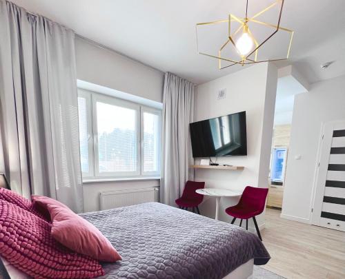 华沙Apartamenty Pokoje Willa Bielany的一间卧室配有一张带红色椅子的床和一台电视。