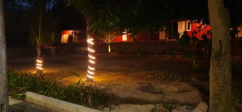 卡里蒙贾瓦Spazio Hotel的夜晚在房子前面的一串灯