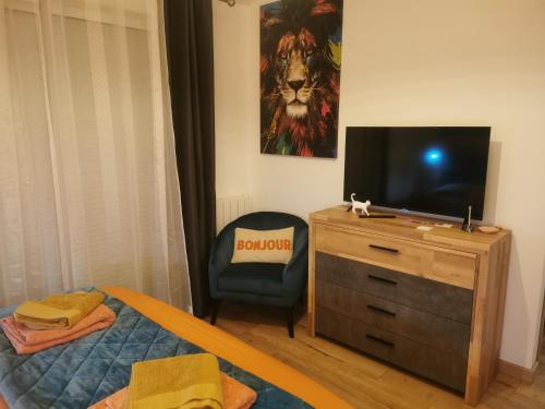 尚尼耶Angoulême Nord location Chambre indépendante的一间卧室配有一张床,梳妆台上配有电视