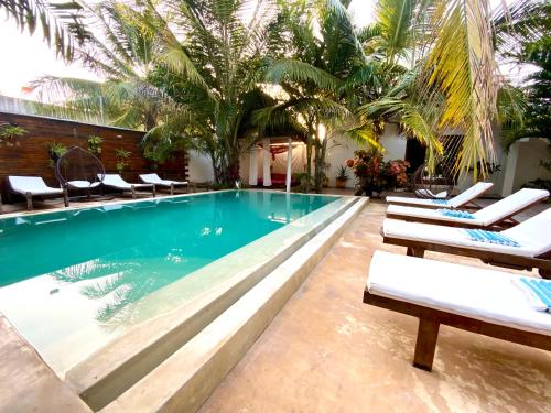 帕杰CeZeRe THE PALM HOTEL的一个带躺椅的游泳池,棕榈树