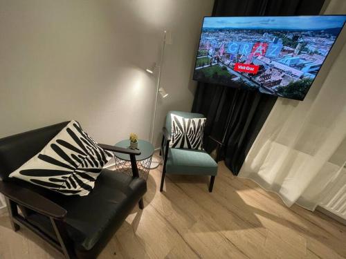格拉茨City Apartment Rudolf 26m2的客厅配有椅子和平面电视