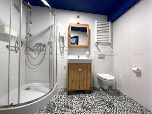 卡托维兹Good Times House的带淋浴、盥洗盆和卫生间的浴室