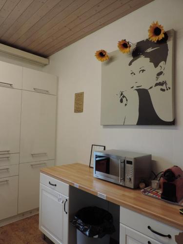 斯派克FriendsHouse Appenzellerhof的厨房设有微波炉,墙上挂着鲜花。