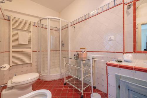 皮昂比诺Bilocale vista mare al Castello的浴室配有卫生间、淋浴和盥洗盆。