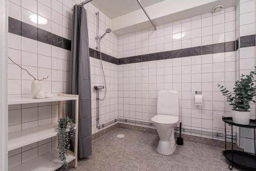 斯德哥尔摩Charming Apt in Sodermalm的白色瓷砖浴室设有卫生间和淋浴。