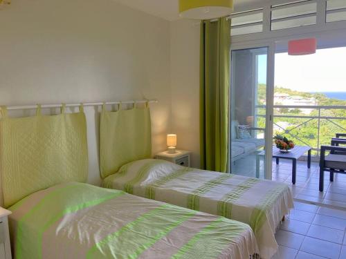 莱特鲁瓦西莱Orchidée, Spacieux & Vue mer的卧室设有两张床,享有阳台的景色