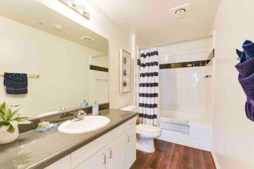 洛杉矶HubLife Your Private Oasis in the Heart of Marina del Rey的一间带水槽、卫生间和淋浴的浴室