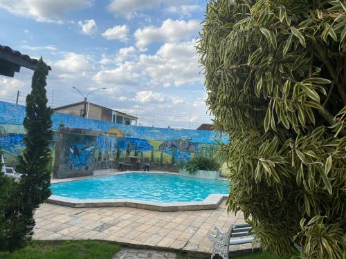 阿拉皮拉卡CONFORT HOTEL ARAPIRACA的壁画前的游泳池