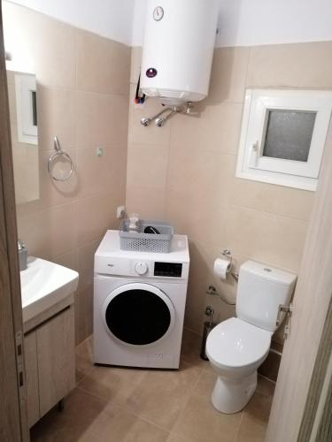 科扎尼ANIA'S APARTMENT ( ΣΤΟ ΚΕΝΤΡΟ ΤΗΣ ΚΟΖΑΝΗΣ )的一间带洗衣机和卫生间的小浴室