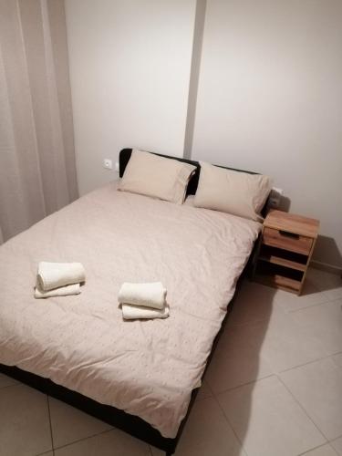 科扎尼ANIA'S APARTMENT ( ΣΤΟ ΚΕΝΤΡΟ ΤΗΣ ΚΟΖΑΝΗΣ )的一间卧室配有一张床,上面有两条毛巾