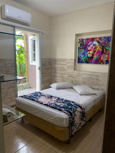 弗洛里亚诺波利斯Residencial da Cris的卧室配有一张床,墙上挂有绘画作品