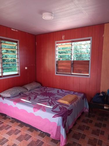 PuahuaNatura Lodge Huahine的一间卧室设有一张红色墙壁的床和两个窗户