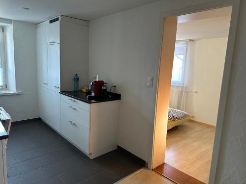 Volketswilcharmante 3,5 Zimmer Wohnung in Bauernhaus的厨房配有白色橱柜和黑色台面