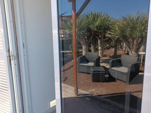 蒂约那因沃娜迪瑞特露营地的窗户上两把椅子和棕榈树的反射