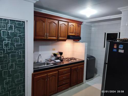卡塔赫纳Bonito apartamento en Cartagena con garaje gratuito的厨房配有木制橱柜和黑色冰箱。