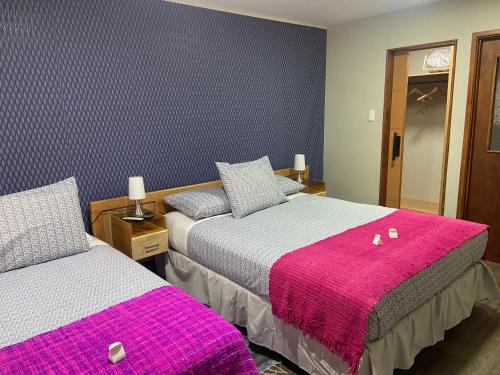 蓬塔阿雷纳斯Cabañas Bosque Austral的一间卧室配有两张带粉红色毯子的床