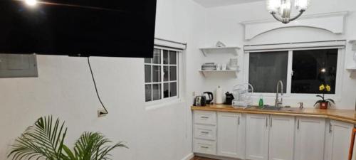 安东尼奥港Alex's Place - Tim Pappies的厨房配有白色橱柜、水槽和窗户。