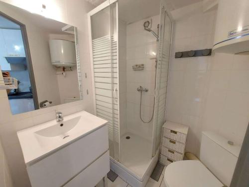 马瑟伊兰Appartement Marseillan-Plage, 2 pièces, 6 personnes - FR-1-326-798的白色的浴室设有水槽和淋浴。