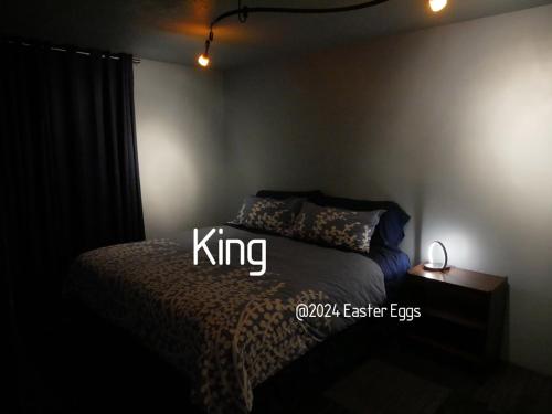 罗切斯特Easter Eggs duplex的一间位于黑暗客房内的特大号床卧室