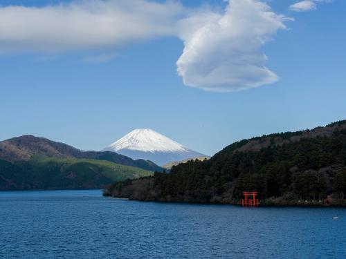 箱根Rakuten STAY FUJIMI TERRACE Hakone Ashinoko的湖底山,有红色物体