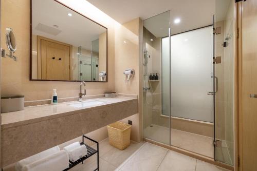 宝安深圳宝安机场航城亚朵X酒店的带淋浴、盥洗盆和镜子的浴室