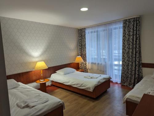 科尔别卢夫Ośrodek Wypoczynkowy Watra的酒店客房设有两张床和窗户。