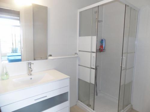萨洛Apartsalou Lea的白色的浴室设有水槽和淋浴。
