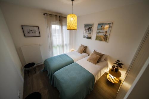 PublierL'Escale du Léman的一间卧室配有两张床和吊灯