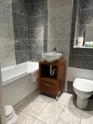 格拉斯哥Riverview Apartments的浴室配有盥洗盆、卫生间和浴缸。