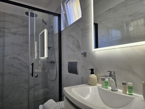 卢卡瓦克Apartments Vjera Rukavac的带淋浴和盥洗盆的白色浴室