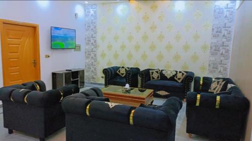 伊斯兰堡BED AND BREAKFAST ISLAMABAD - cottages的客厅配有蓝色的沙发和电视