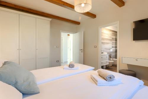 MuntriljBeautiful villa Jurasi with outdoor pool in Tinjan的一间白色卧室,配有两张床和电视