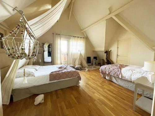 SoursSouvenirs en campagne的一间卧室配有两张床和吊灯。