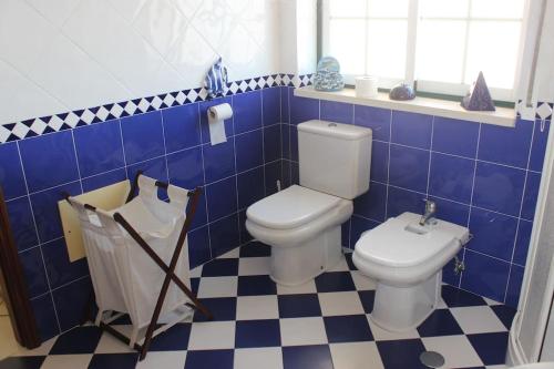劳林哈Villa Terra da Eira-Sea view的蓝色瓷砖浴室设有卫生间和水槽