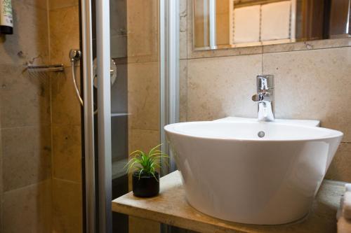因戈尔施塔特奥瓦尔酒店的浴室配有白色水槽和淋浴。