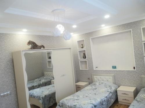 盖贝莱Cehrayı Villa的一间卧室配有两张床和镜子