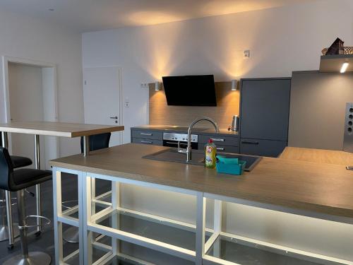 诺伊斯M&M Apartment Düsseldorf的一个带水槽和台面的厨房以及一台电视