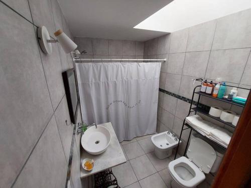 富内斯Casa en Funes. Pileta, Parrilla & Parque.的带淋浴、卫生间和盥洗盆的浴室