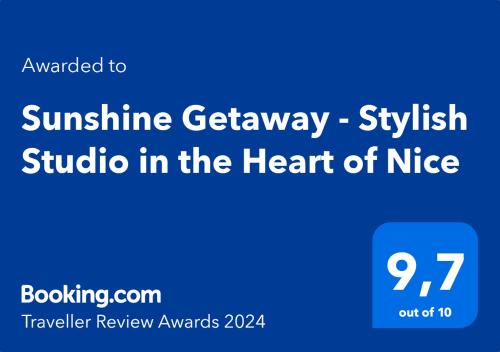 Sunshine Getaway - Stylish Studio in the Heart of Nice的证书、奖牌、标识或其他文件