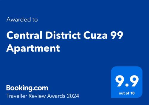 布加勒斯特Central District Cuza 99 Apartment的蓝色标志,带有标题为中央区令的文字