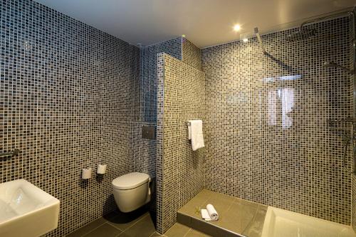 锡富尔勒普拉日Les appartements de l'Helios - Ile des Embiez的浴室配有卫生间、盥洗盆和淋浴。
