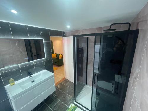 科尔切斯特Swish Studio的一间带水槽和玻璃淋浴的浴室