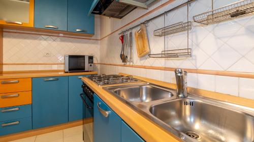 ElmasWelcomely - Villino Octagon的厨房配有不锈钢水槽和蓝色橱柜