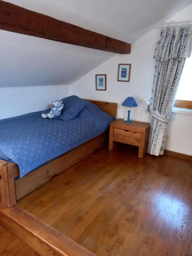 韦尔科尔地区朗le héron cendré的一间卧室设有蓝色的床,铺有木地板。