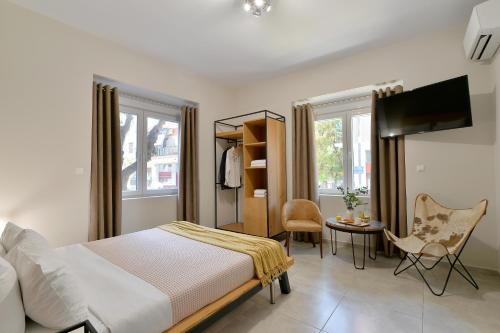 雅典Alekos Apartments 2- Netflix的一间卧室配有一张床、一台电视和一把椅子