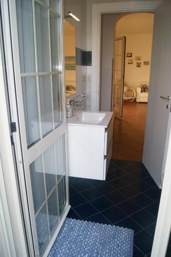 马尔扎梅米Villa Milena的一间带水槽和玻璃淋浴的浴室