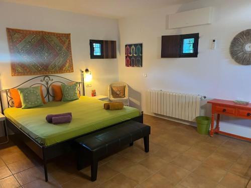 圣埃乌拉利亚Charming Villa Retreat in Ibiza - Bed & Breakfast Bliss的一间卧室配有一张带绿色床单的床和一张桌子