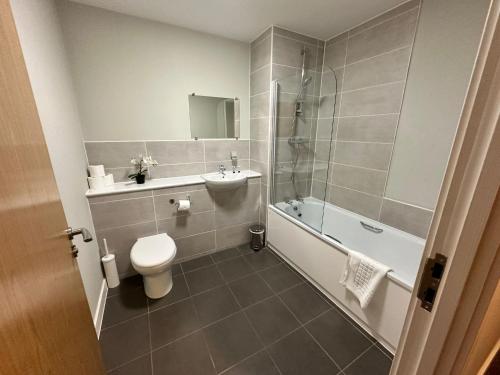曼彻斯特Adelphi Wharf Apartments by Beehosting的浴室配有卫生间、盥洗盆和淋浴。