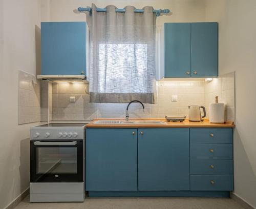 科扎尼Frida's Home for 2 in Kozani的厨房配有蓝色橱柜和水槽