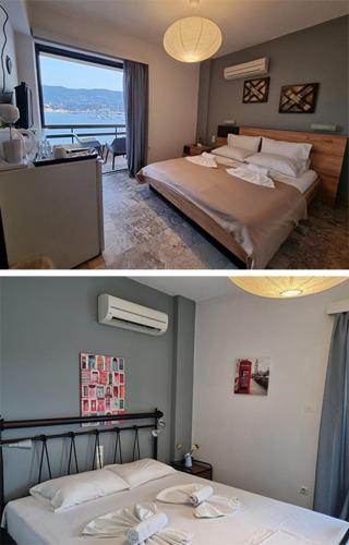 波罗斯Irene Vìlla的两张带两张床的酒店客房的照片